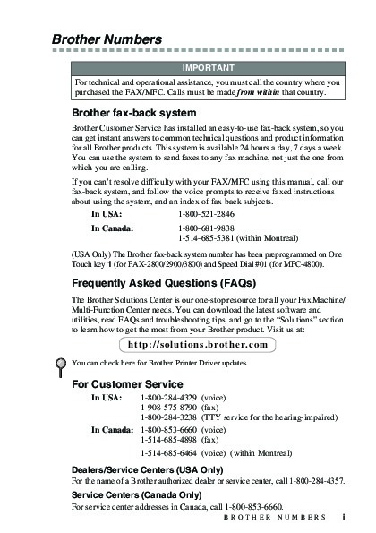 Brother FAX-2800 FAX-2900 FAX-3800 MFC-4800 Users Guide Manual